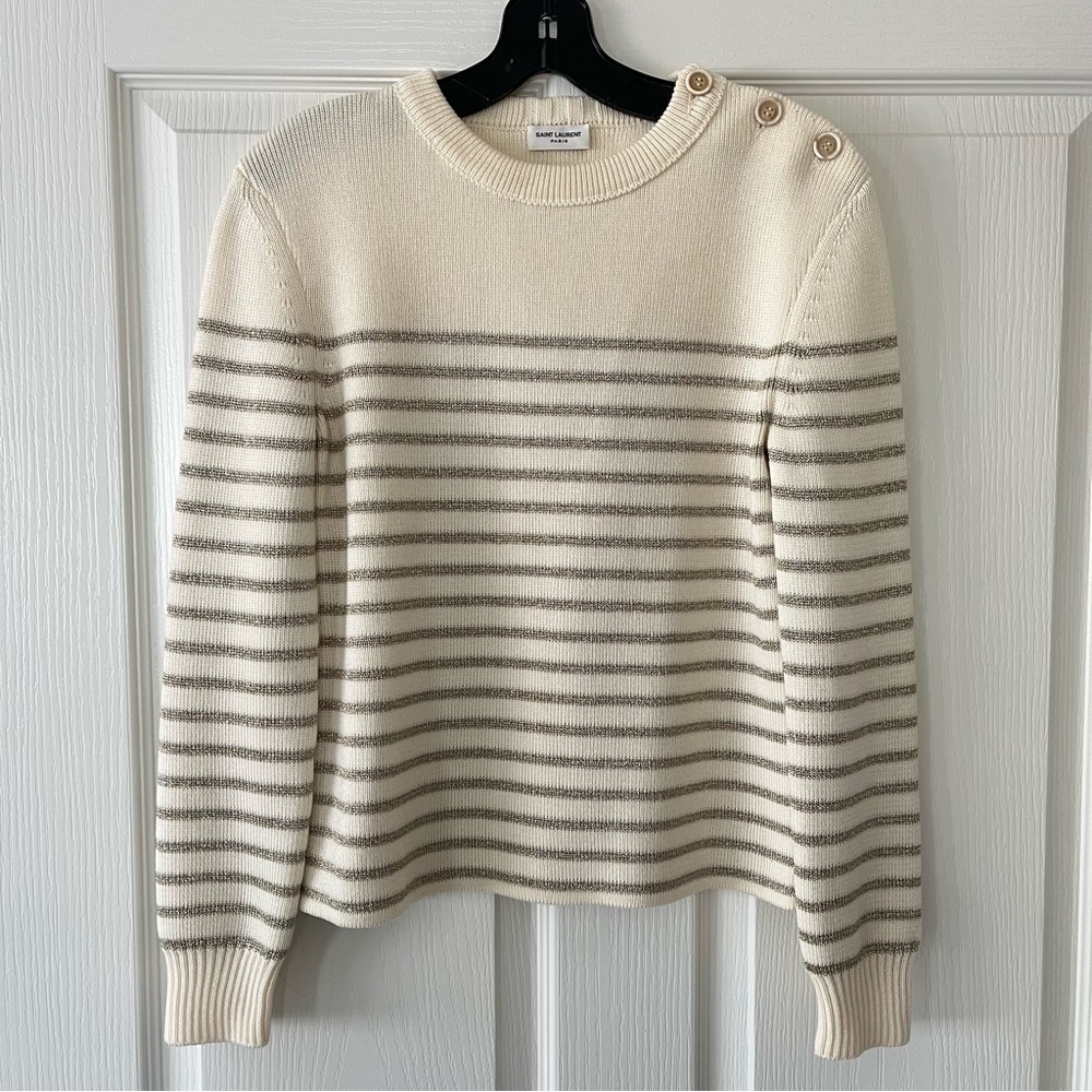 SAINT LAURENT Striped Sweater - Ivory / Gold Metallic - Size Small - Picture 5 of 11